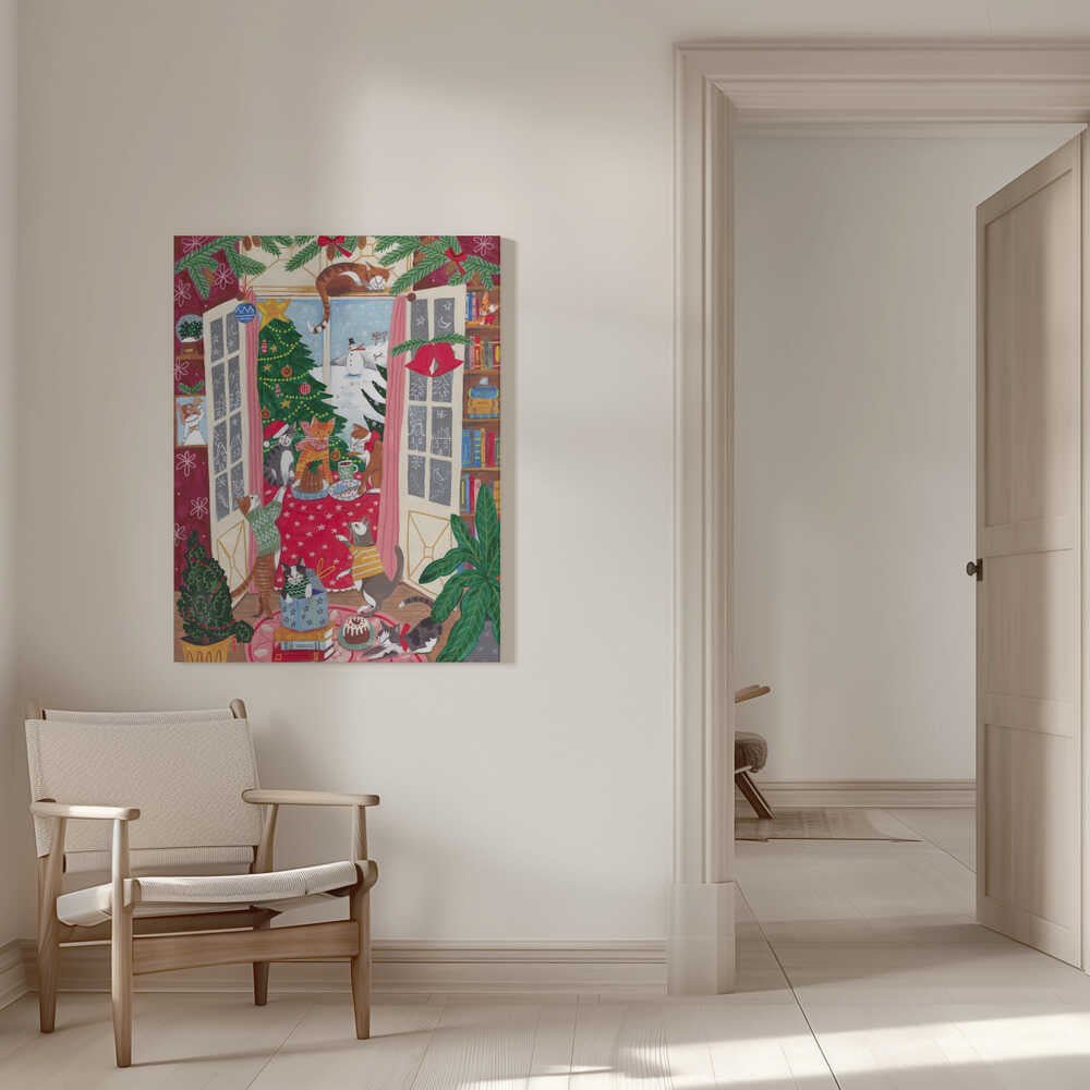 Cats in the Window at a Snowy Christmas in Bright Colours Canvas Print Wall Art 1X3200792 - ART FEVER - Art Fever