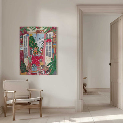 Cats in the Window at a Snowy Christmas in Bright Colours Canvas Print Wall Art 1X3200792 - ART FEVER - Art Fever