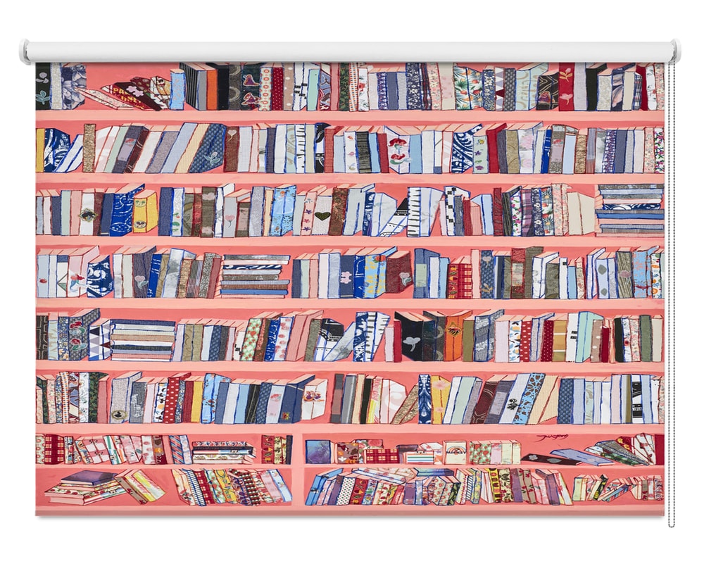 Printed roller blind featuring a vibrant faux bookshelf design with tightly packed, colourful patterned books on bright pink shelves