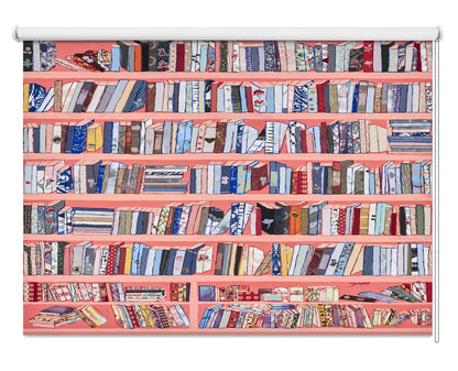 Printed roller blind featuring a vibrant faux bookshelf design with tightly packed, colourful patterned books on bright pink shelves