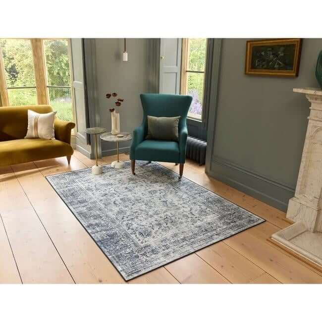 Eco - Washable Blue Rug Bordered Design - The Rugs - Art Fever