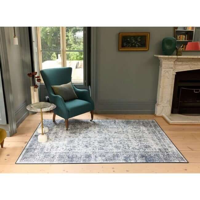 Eco - Washable Blue Rug Bordered Design - The Rugs - Art Fever