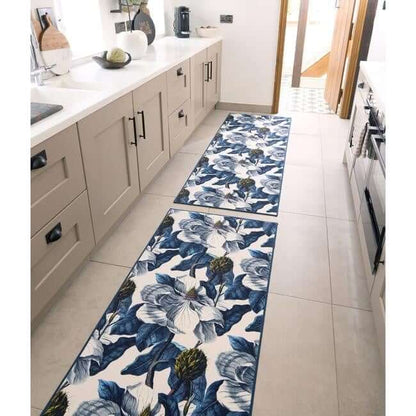 Eco - Washable Blue Rug Floral Design - The Rugs - Art Fever