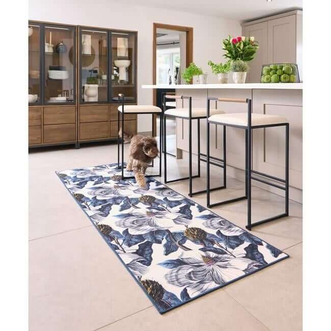 Eco - Washable Blue Rug Floral Design - The Rugs - Art Fever