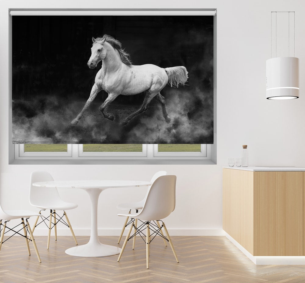 Printed roller blind featuring a dramatic black and white photograph of a spirited white horse galloping through thick dust or smoke