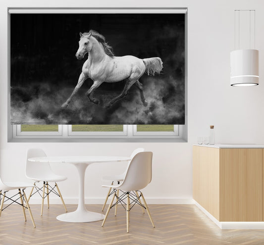 Printed roller blind featuring a dramatic black and white photograph of a spirited white horse galloping through thick dust or smoke
