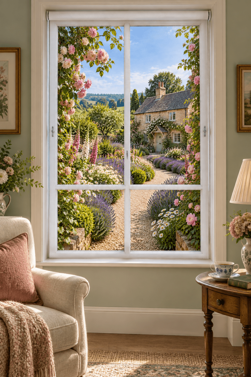 English Cottage Garden Faux Window View Printed Picture Photo Roller Blind - RB1484 - Art Fever - Art Fever