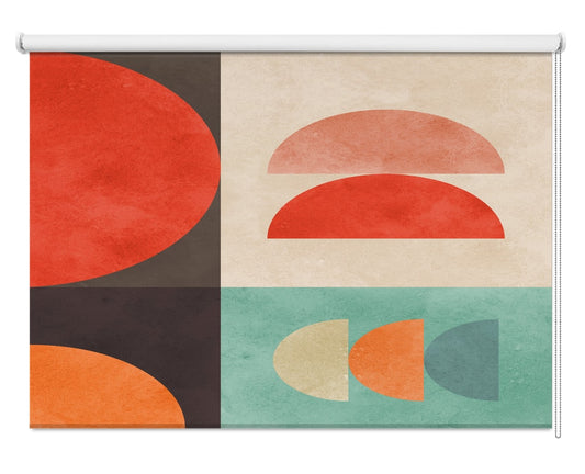Geometricorange red and green colour blocks printed roller blind showing modern contrasting shapes on a window by Art Fever