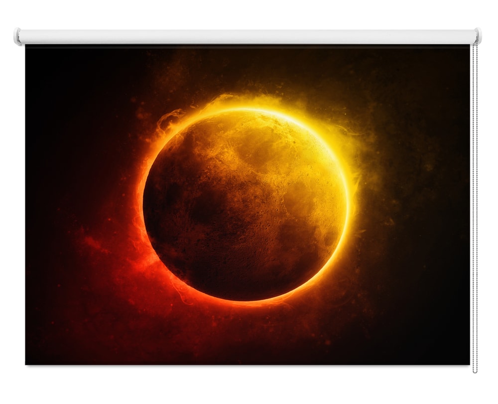 Printed roller blind featuring a dramatic fiery cosmic eclipse with a dark planet silhouetted against glowing bright yellow, orange, and red space dust