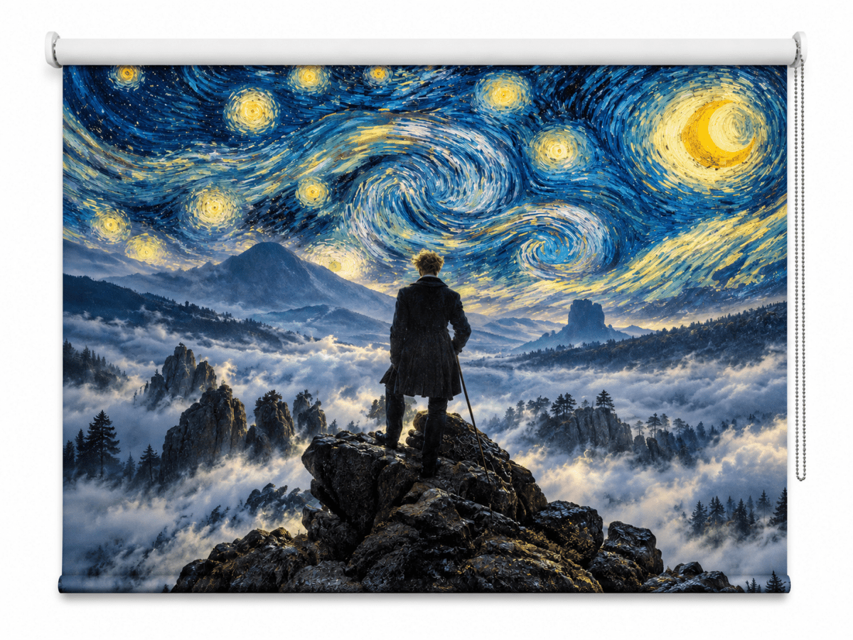 Friedrich × Van Gogh — Wanderer Beneath the Starry Night Reimagined Printed Picture Roller Blind - RB1522 - Art Fever - Art Fever