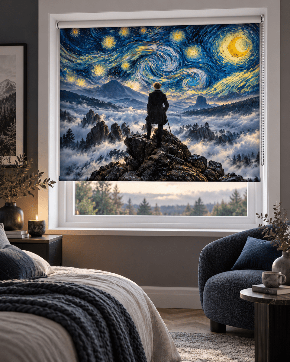 Friedrich × Van Gogh — Wanderer Beneath the Starry Night Reimagined Printed Picture Roller Blind - RB1522 - Art Fever - Art Fever