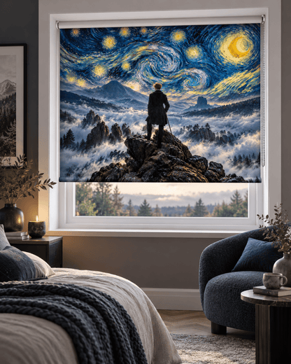 Friedrich × Van Gogh — Wanderer Beneath the Starry Night Reimagined Printed Picture Roller Blind - RB1522 - Art Fever - Art Fever