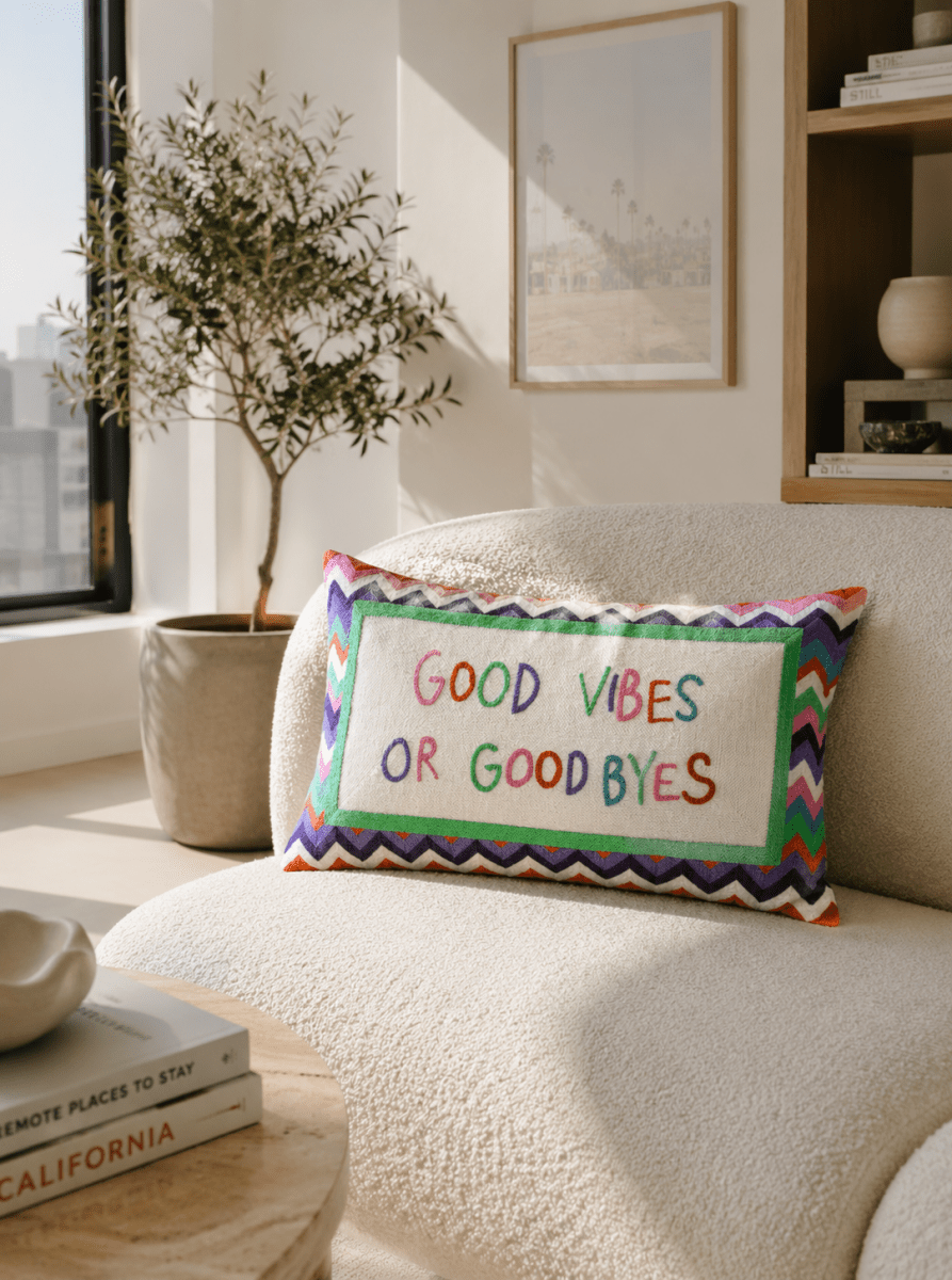 Funny Needlepoint Pillow – Good Vibes or Good Byes - The Pillow Drop - Art Fever