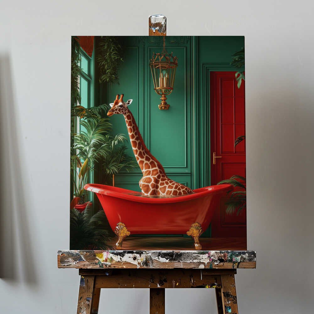 Giraffe in the Bathtub Tropical animals Canvas Print Wall Art 1X3173082 - ART FEVER - Art Fever