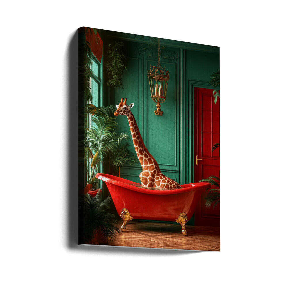 Giraffe in the Bathtub Tropical animals Canvas Print Wall Art 1X3173082 - ART FEVER - Art Fever