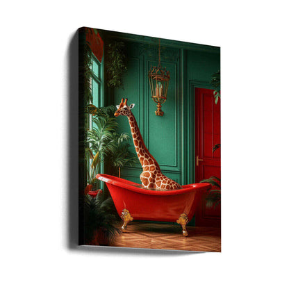 Giraffe in the Bathtub Tropical animals Canvas Print Wall Art 1X3173082 - ART FEVER - Art Fever