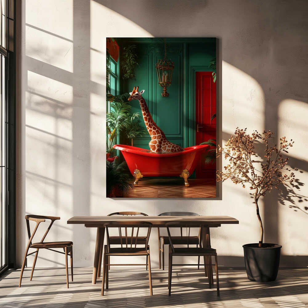 Giraffe in the Bathtub Tropical animals Canvas Print Wall Art 1X3173082 - ART FEVER - Art Fever