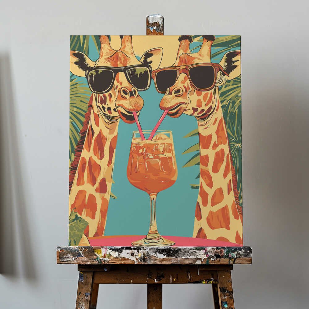 Giraffes Sharing a Drink Canvas Print Wall Art 1X2908715 - ART FEVER - Art Fever