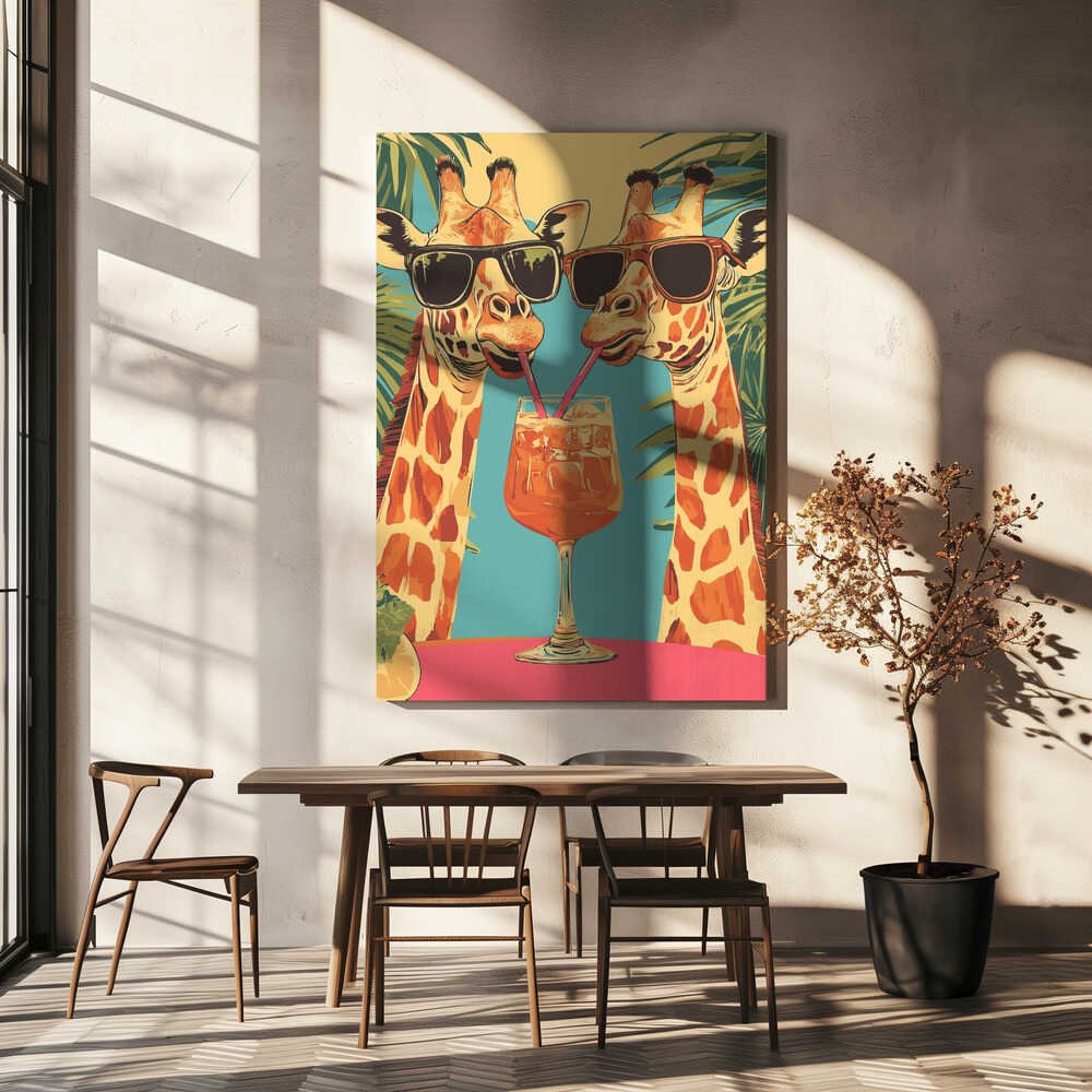 Giraffes Sharing a Drink Canvas Print Wall Art 1X2908715 - ART FEVER - Art Fever