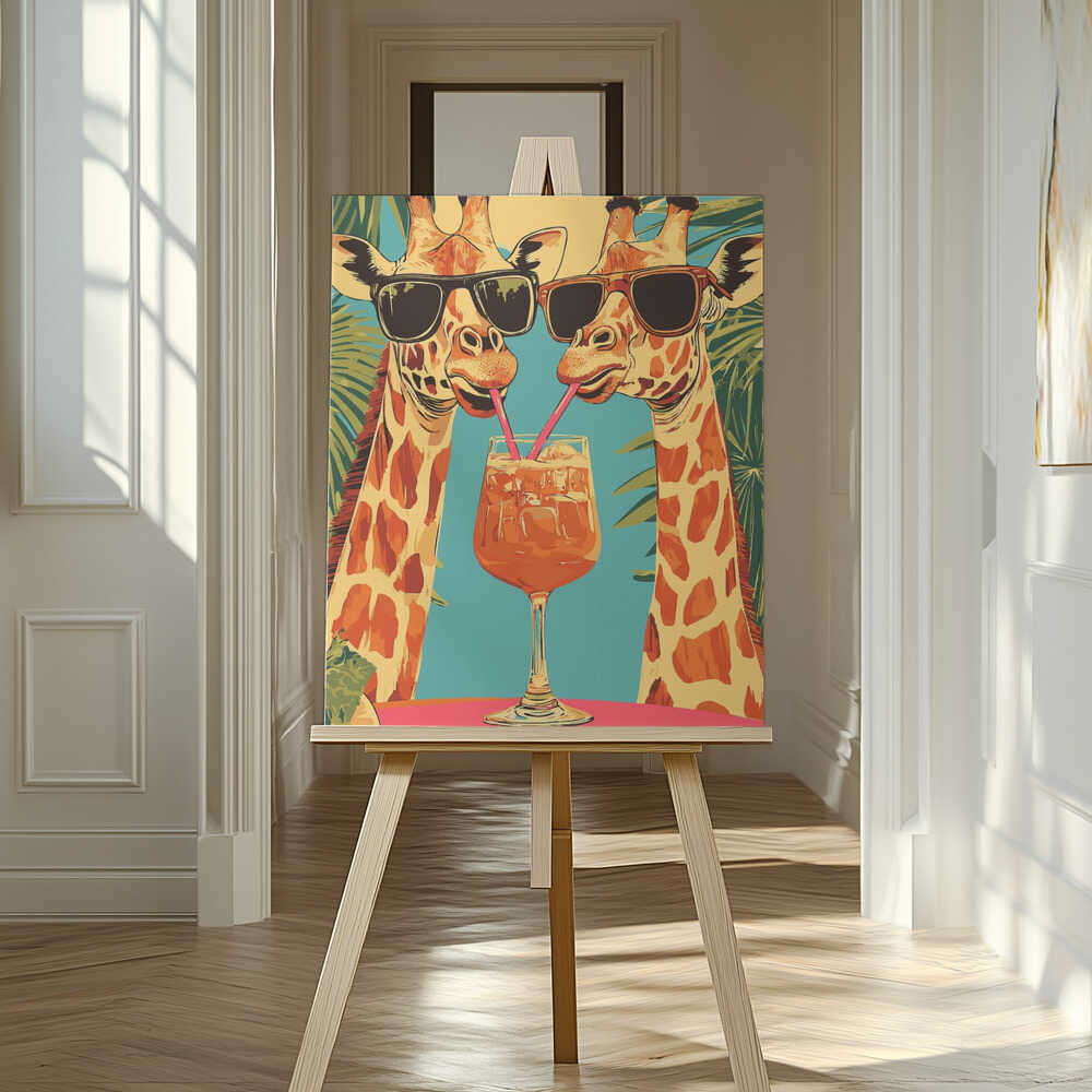 Giraffes Sharing a Drink Canvas Print Wall Art 1X2908715 - ART FEVER - Art Fever