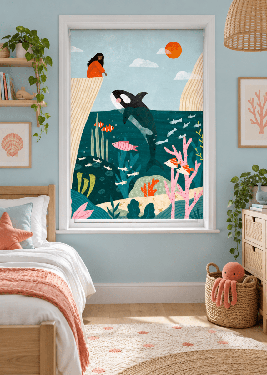 Girl Watches Ocean Life Printed Roller Blind - 1X2959953 - Art Fever - Art Fever