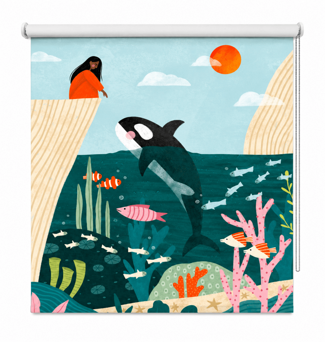 Girl Watches Ocean Life Printed Roller Blind - 1X2959953 - Art Fever - Art Fever