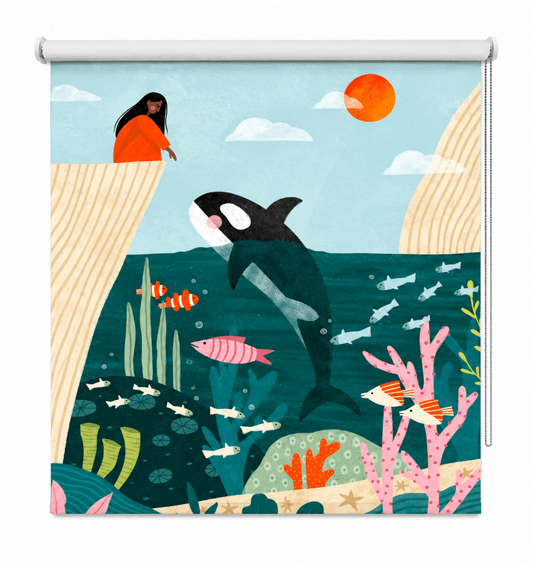 Girl Watches Ocean Life Printed Roller Blind - 1X2959953 - Art Fever - Art Fever