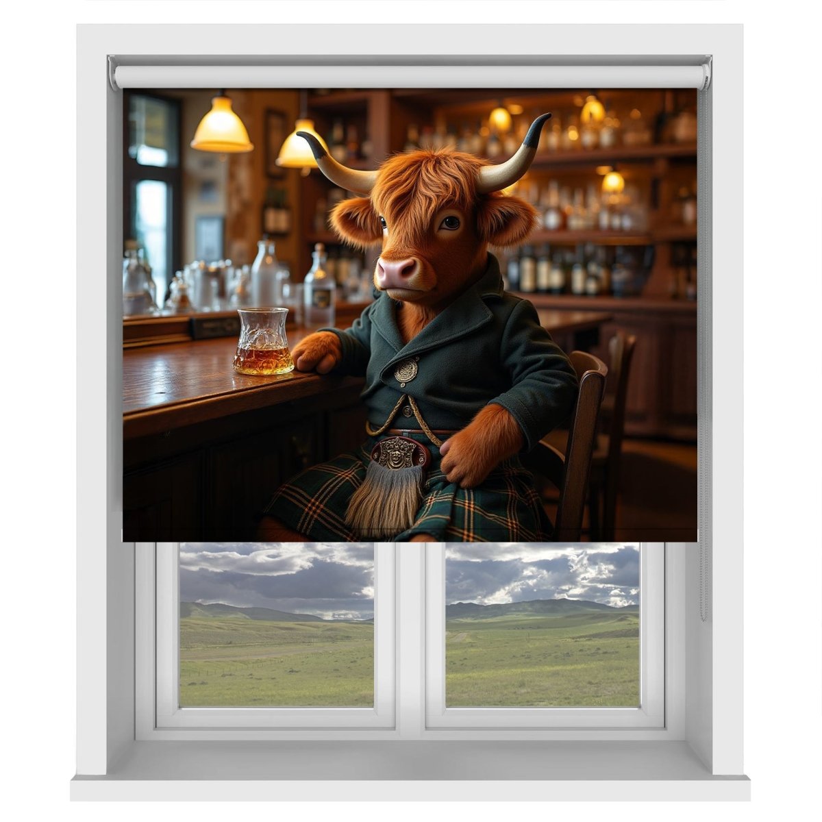 Highland Cow Drinking Whiskey Printed Picture Photo Roller Blind - RB1398 - Art Fever - Art Fever