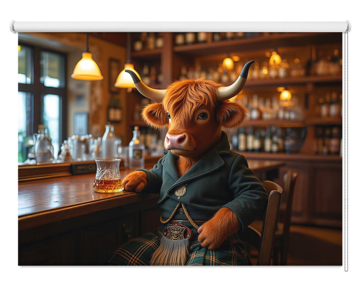 Highland Cow Drinking Whiskey Printed Picture Photo Roller Blind - RB1398 - Art Fever - Art Fever
