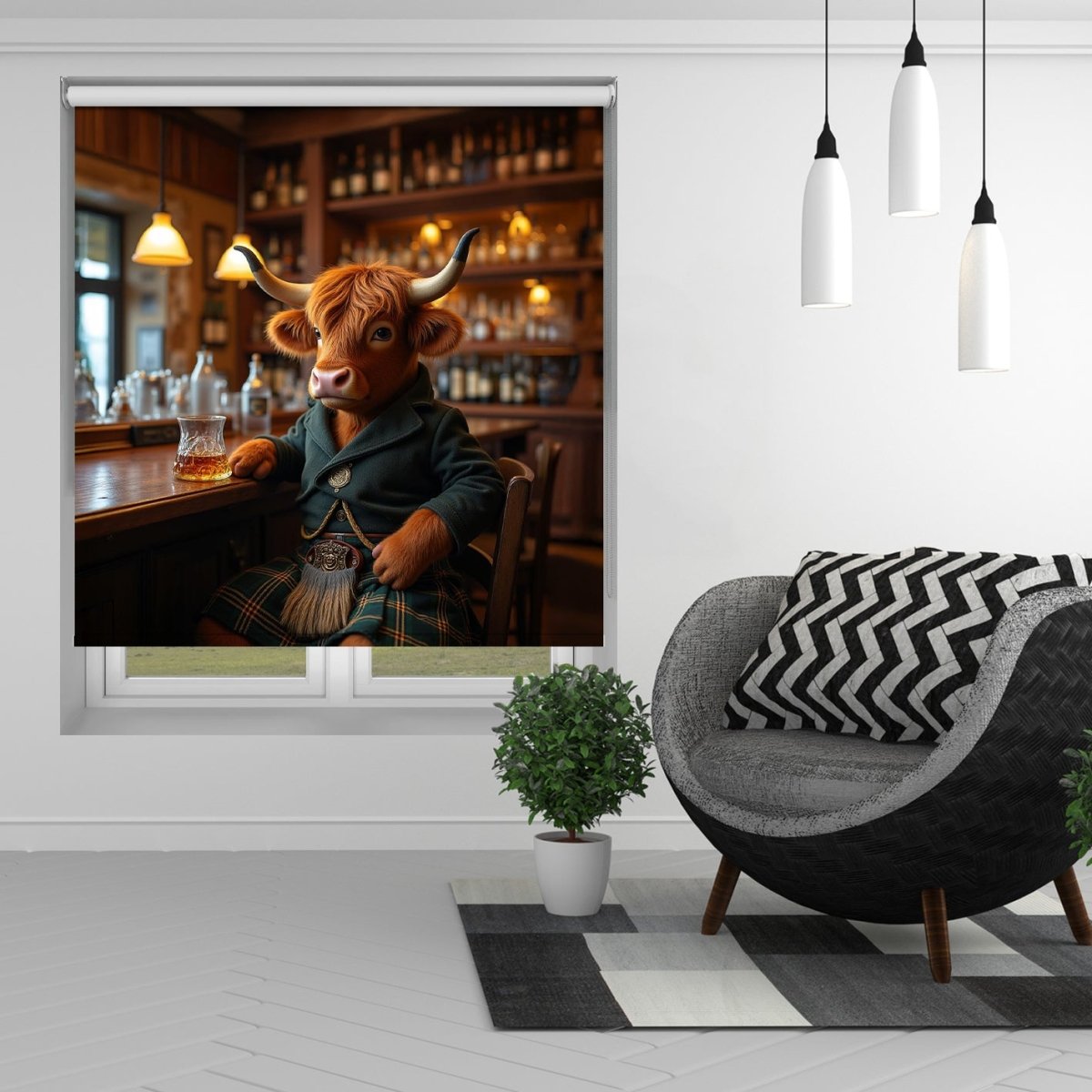 Highland Cow Drinking Whiskey Printed Picture Photo Roller Blind - RB1398 - Art Fever - Art Fever