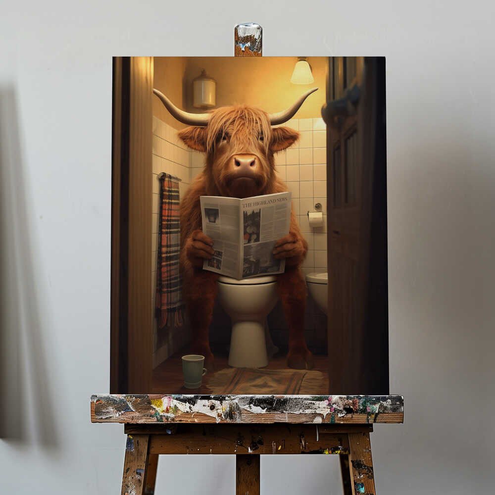 Highland Cow On the Toilet Canvas Print Wall Art 1X3133025 - ART FEVER - Art Fever