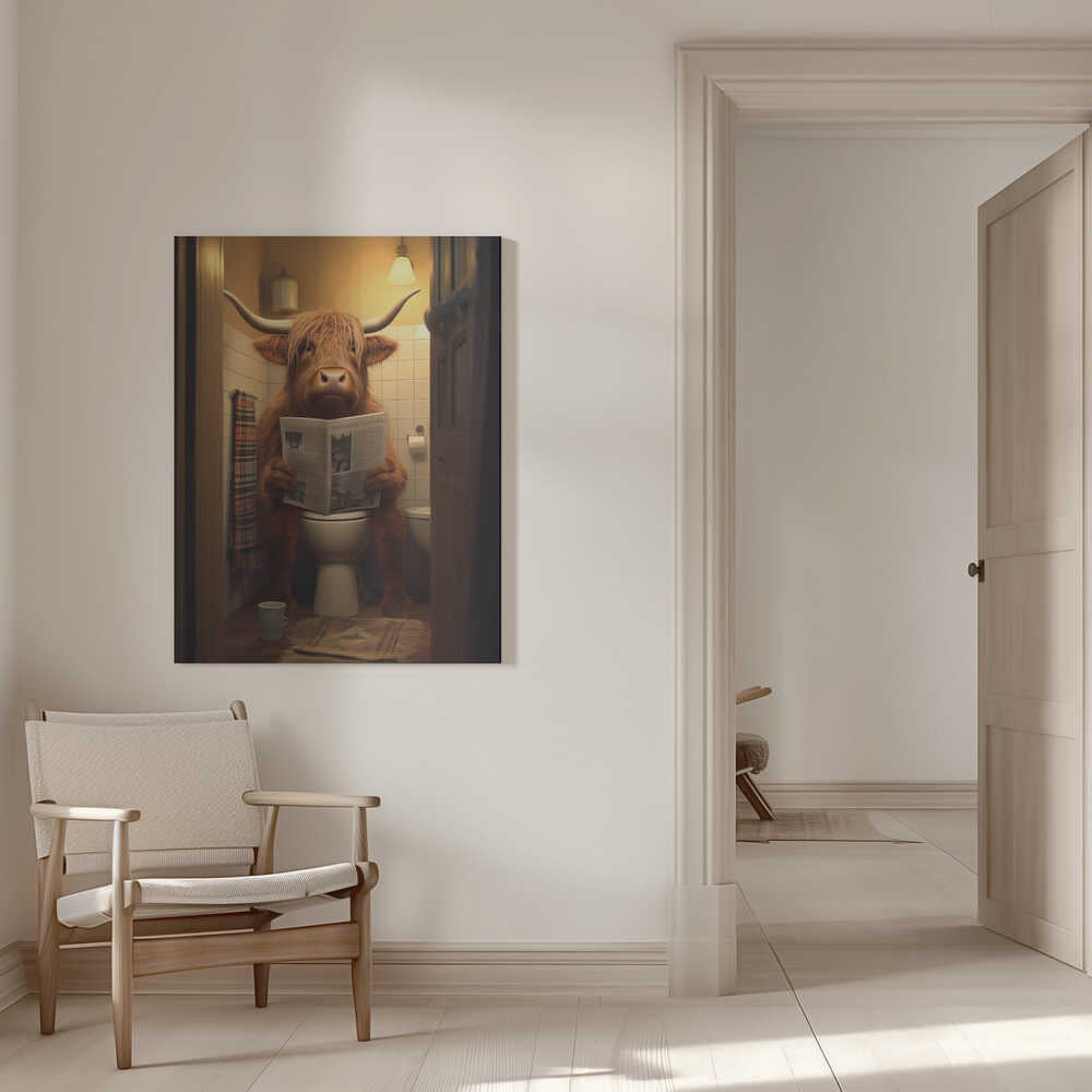Highland Cow On the Toilet Canvas Print Wall Art 1X3133025 - ART FEVER - Art Fever