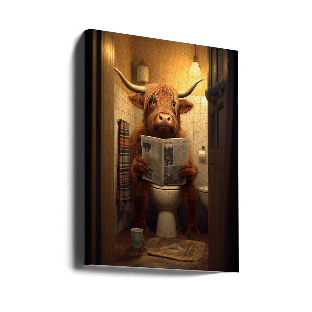 Highland Cow On the Toilet Canvas Print Wall Art 1X3133025 - ART FEVER - Art Fever