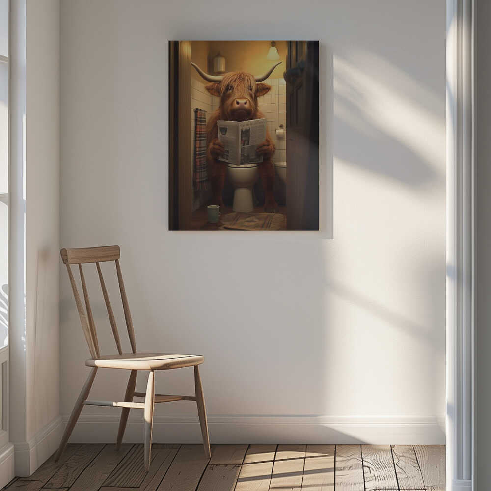Highland Cow On the Toilet Canvas Print Wall Art 1X3133025 - ART FEVER - Art Fever