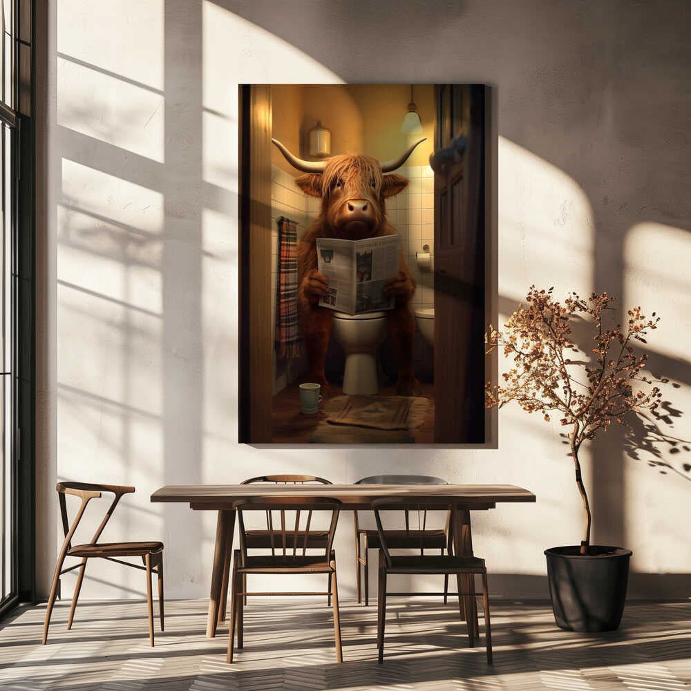 Highland Cow On the Toilet Canvas Print Wall Art 1X3133025 - ART FEVER - Art Fever