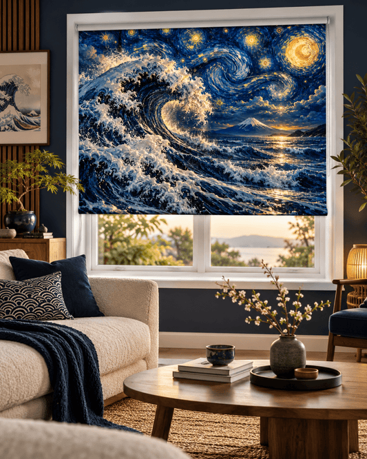 Hokusai × Van Gogh — The Great Wave Under Starry Skies Reimagined Printed Picture Roller Blind - RB1517 - Art Fever - Art Fever