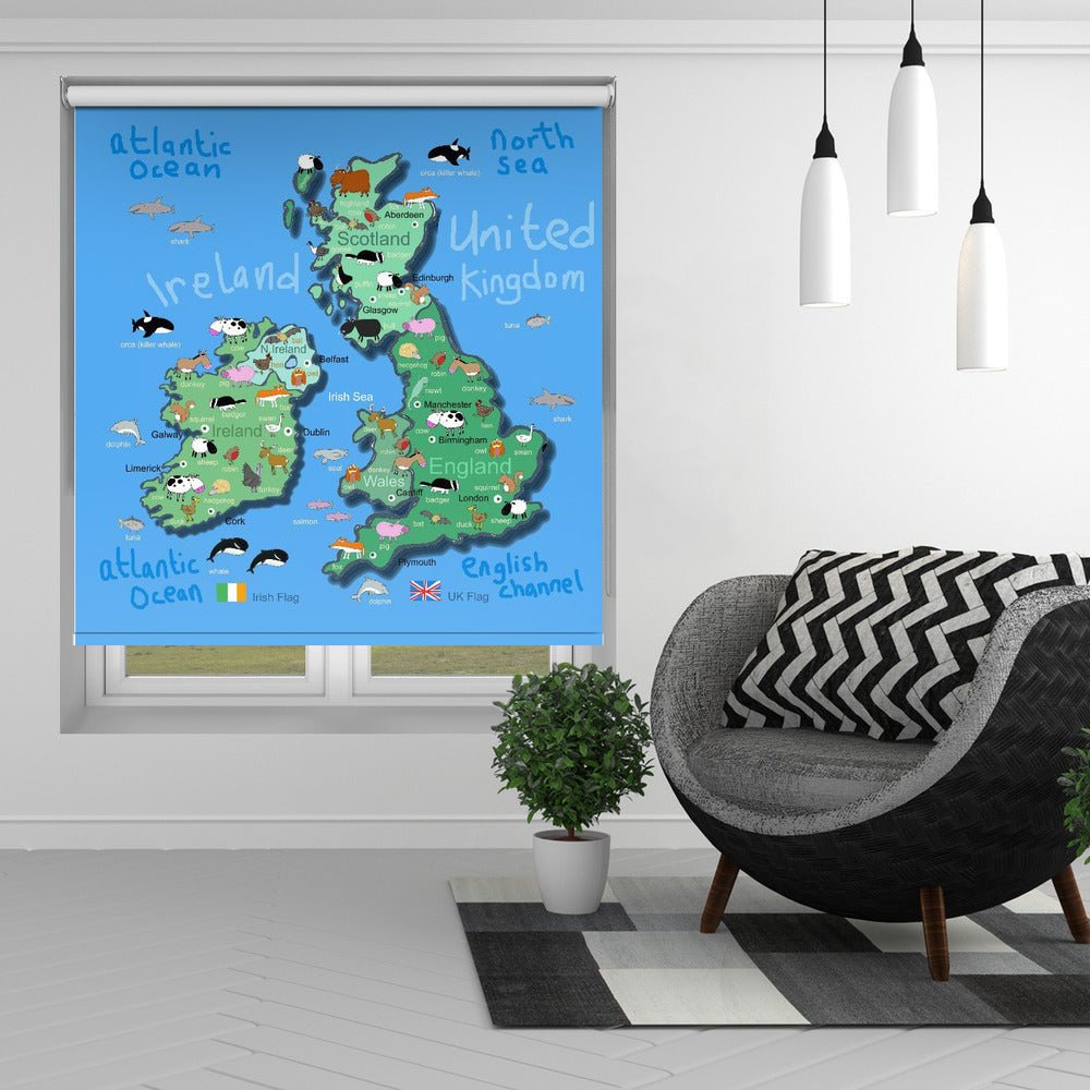 Illustrated Map of the United Kingdom with Funny Animals by Artist Carla Daly Printed Picture Photo Roller Blind - 1X2902126 - Art Fever - Art Fever