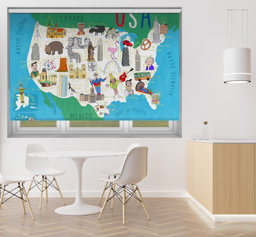 Illustrated Map of the USA by Artist Carla Daly Printed Picture Photo Roller Blind - 1X2897671 - Art Fever - Art Fever