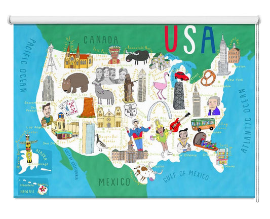 Illustrated Map of the USA by Artist Carla Daly Printed Picture Photo Roller Blind - 1X2897671 - Art Fever - Art Fever