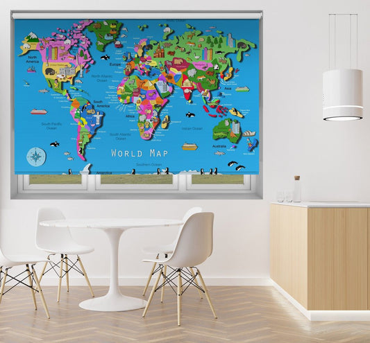 Illustrated World Map with Countries and Continents by Carla Daly Printed Picture Photo Roller Blind - 1X2890499 - Art Fever - Art Fever