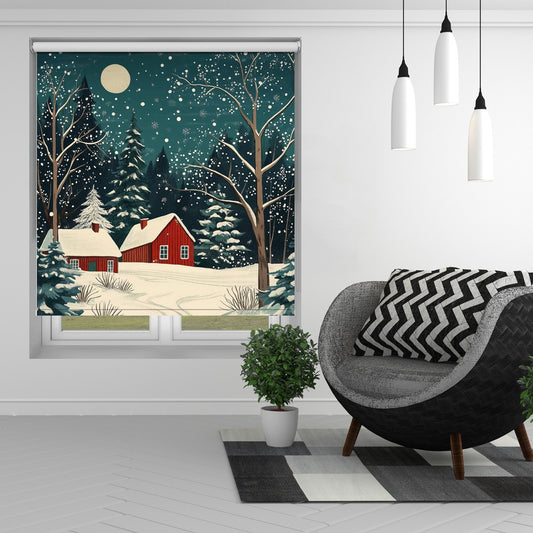 Red Houses and Snowy night sky Printed Picture Photo Roller Blind - 1X2925902