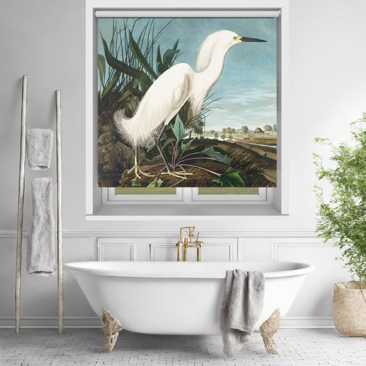 John James Audubon Snowy Heron, White Egret Printed Picture Photo Roller Blind - RB1413 - Art Fever - Art Fever