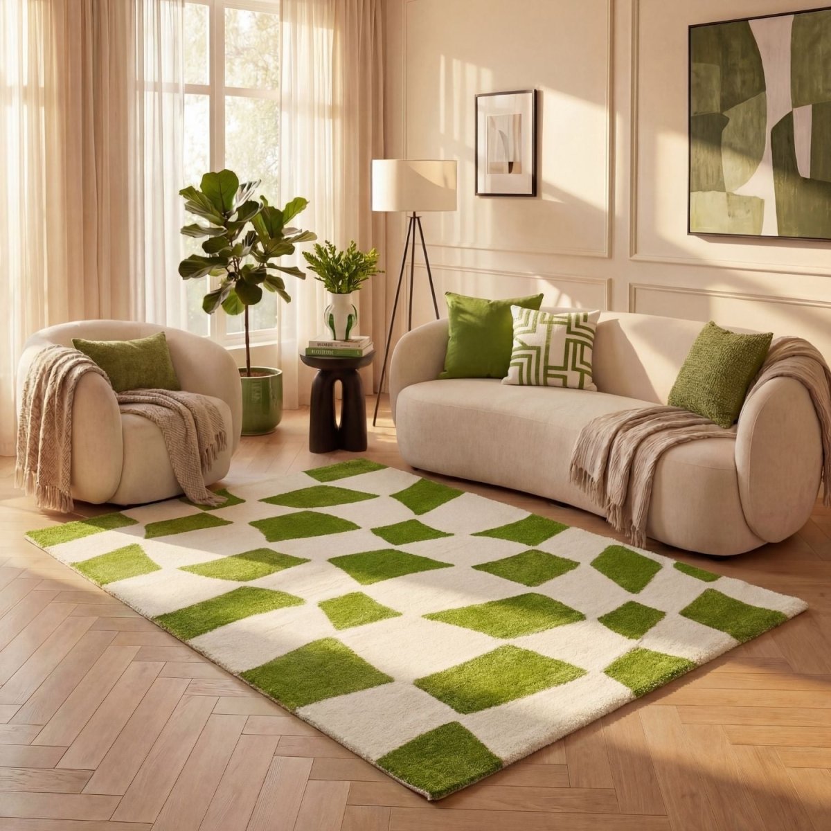 Joli Checkered Green & White Rug - The Rugs - Art Fever