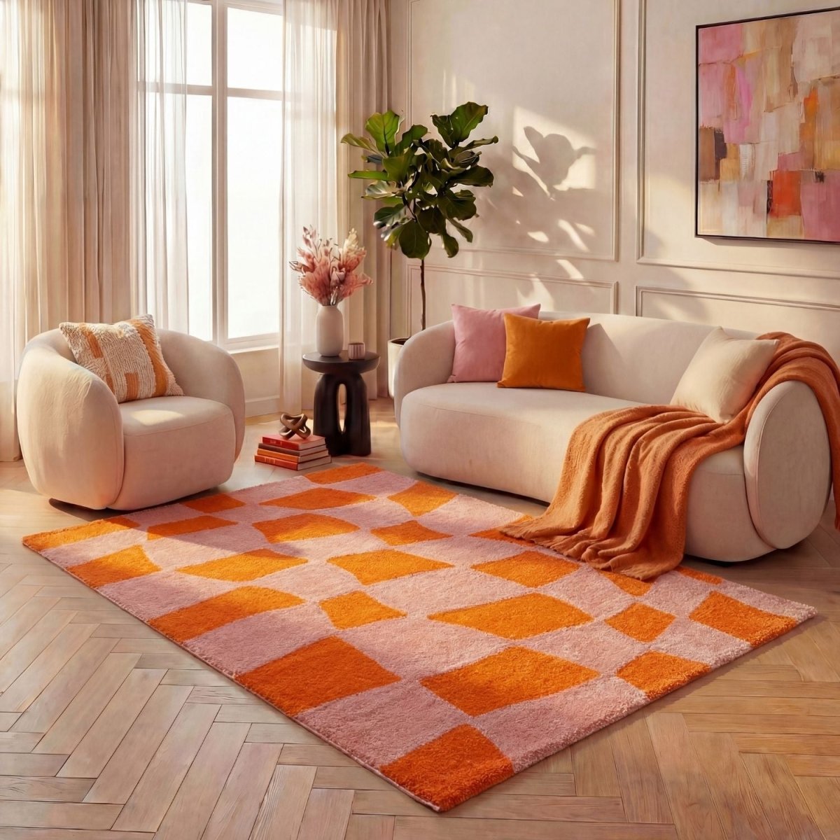 Joli Checkered Orange & Pink Rug - The Rugs - Art Fever