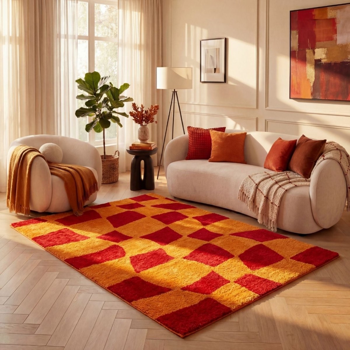 Joli Checkered Red & Orange Rug - The Rugs - Art Fever