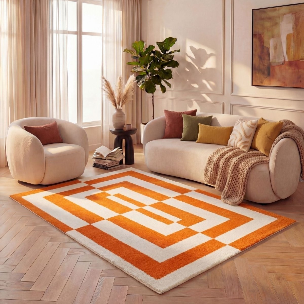 Joli Geometric Orange & White Rug - The Rugs - Art Fever