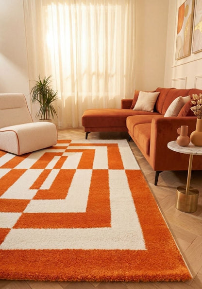 Joli Geometric Orange & White Rug - The Rugs - Art Fever
