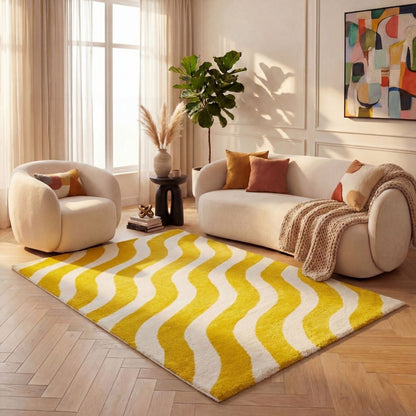 Joli Wave Yellow & White Rug - The Rugs - Art Fever