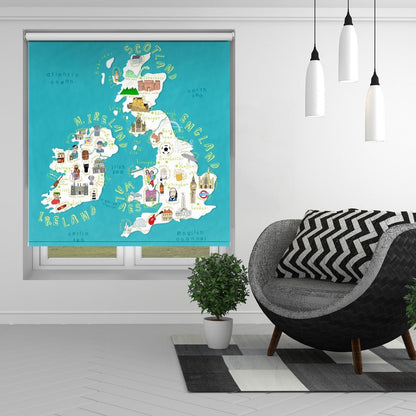 Kids Map of UK and Ireland with Country Icons by Artist Carla Daly Printed Picture Photo Roller Blind - 1X2890512 - Art Fever - Art Fever