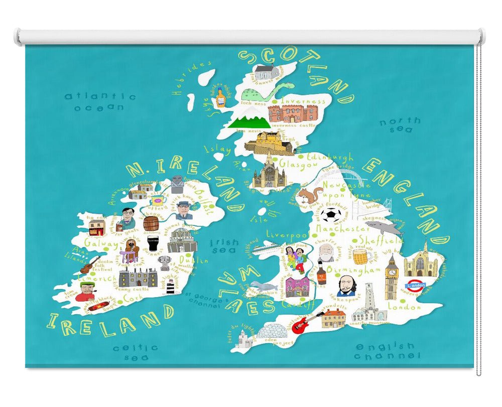 Kids Map of UK and Ireland with Country Icons by Artist Carla Daly Printed Picture Photo Roller Blind - 1X2890512 - Art Fever - Art Fever